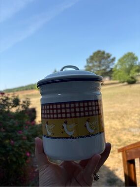 White Enamel Canister with Yellow Chicken Motif